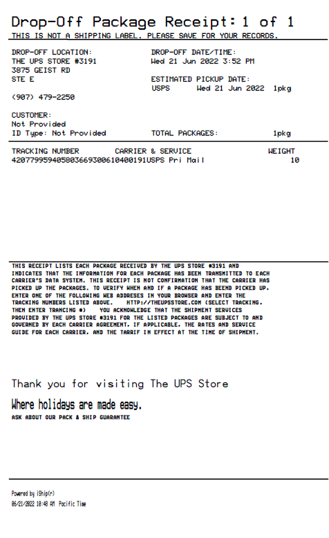 UPS Drop Off Package Receipt Template 1