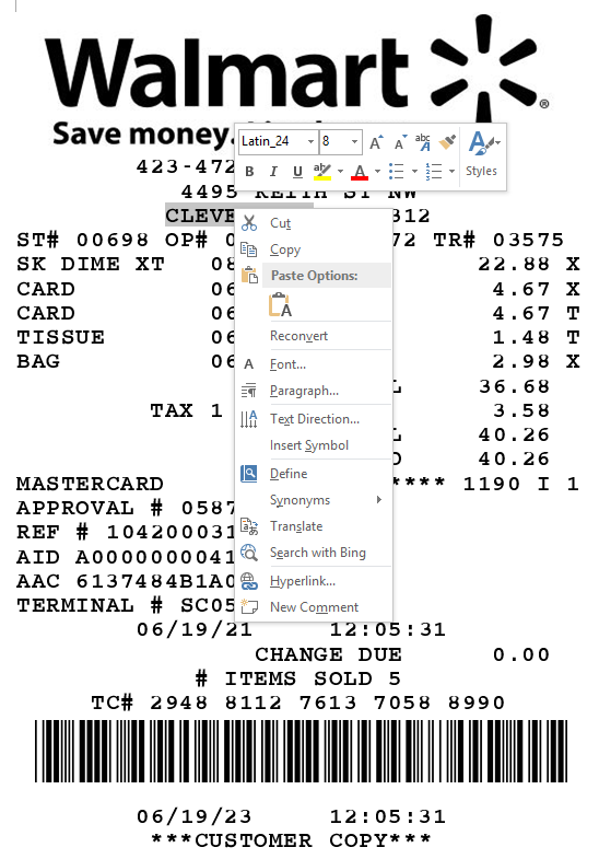 WMT Receipt Demo Detail Templet